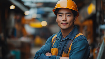 A man wearing a yellow hard hat and blue work clothes is smiling for the camera. He is standing in a warehouse or industrial setting