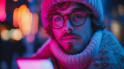 Poster - A man with glasses and a hat is holding a cell phone. The image has a cool, futuristic vibe with a bright blue background