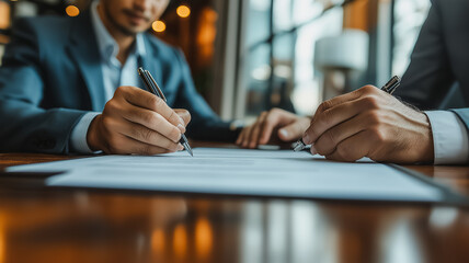 Poster - two men are signing a document on a table. scene is serious and professional