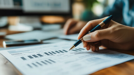 Poster - A person is writing on a piece of paper with a pen. Concept of focus and concentration as the person carefully writes down information
