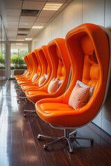Poster - A row of orange chairs are lined up in a hallway. The chairs are all facing the same direction, and each one has a pillow on it. The chairs are arranged in a way that creates a sense of order