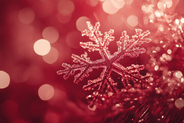 Wall Mural - Single snowflake on red background, intricate details sparkling.