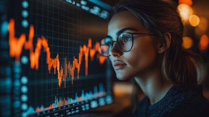 Poster - A woman is looking at a computer screen with a lot of numbers and graphs