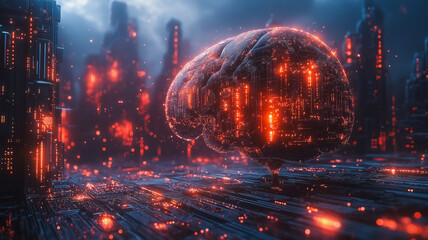 Poster - A brain made of computer chips is surrounded by a cityscape. The brain is glowing red and the city is lit up in a similar color. Scene is futuristic and somewhat eerie