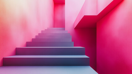 Poster - A pink staircase with a pink wall. The stairs are made of gray material. The pink color of the wall and the stairs creates a sense of warmth and comfort