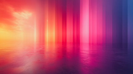 Poster - A colorful, abstract painting of a beach scene with a sunset in the background. The colors are vibrant and the brushstrokes are bold, creating a sense of movement and energy