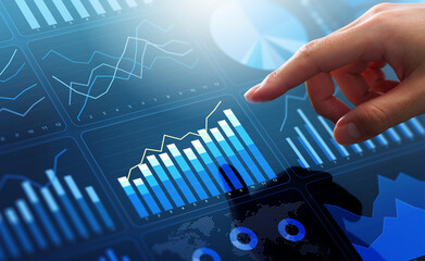 Wall Mural - Marketing analytics and statistical customer data. Analyst touching KPI graph on dashboard.