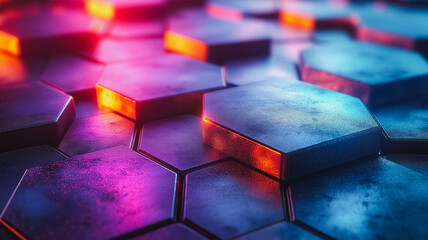 Poster - A close up of a blue and orange hexagonal pattern. The image has a futuristic and abstract feel to it