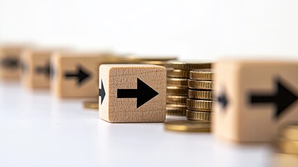 Poster - Wooden blocks with right arrow direction on a white background, representing financial growth, investment strategies, and progress towards success in business and economy
