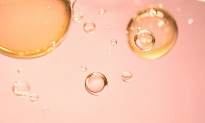 Wall Mural - golden drops on blush: a mesmerizing abstract close-up of golden oil droplets suspended on a delicat
