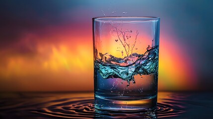 Poster - Splashing water action glass beverage capture colorful background close-up refreshment concept