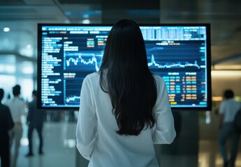 Aufkleber - Business professional analyzing financial data on a digital screen in a modern corporate office environment with charts and statistics visible in the background.
