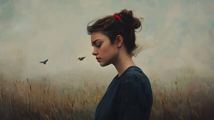Poster - Woman in contemplation open field portrait natural light side profile emotional reflection
