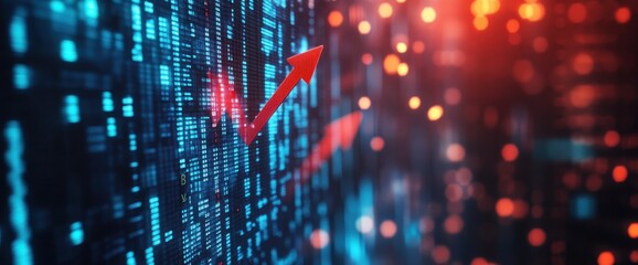 Poster - Abstract Data Visualization with Rising Arrow Overlaid on a Background of Digital Binary Code Representing Growth in Technology and Finance