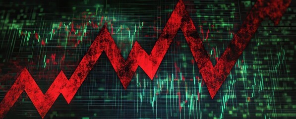 Poster - Abstract depiction of fluctuating stock market trends with red arrows indicating decline over green and abstract digital background