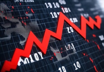 Poster - Abstract Digital Graphic of a Falling Stock Market Trend Depicted by a Red Arrow Against Data and Numbers on a Black Grid Background