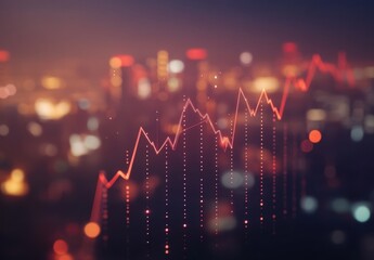 Poster - Abstract financial data visualization with glowing lines, graphs, and blurred city lights showcasing market trends and analytics in a modern urban environment at night