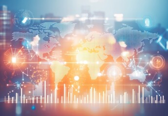Poster - Abstract global map with data visualization elements, representing technology, analytics, communication, and network connections in a digital world