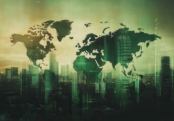 Poster - Abstract Representation of a World Map Overlaying a Futuristic Cityscape with Green and Yellow Tones Illustrating Globalization and Modern Technology Concepts