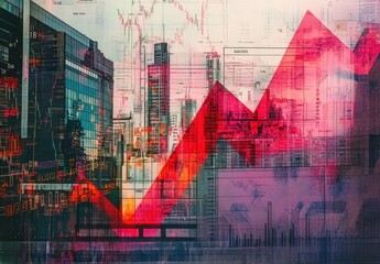 Poster - Abstract Representation of Financial Growth with Digital Data Overlay on Urban Skyline in Vibrant Colors Expressing Economic Trends and Market Analysis