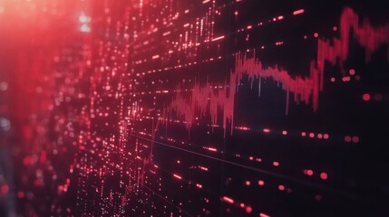 Poster - Abstract Visualization of Data Flow with Red Particles and Waveforms Representing Digital Information Technology and Modern Communication Systems