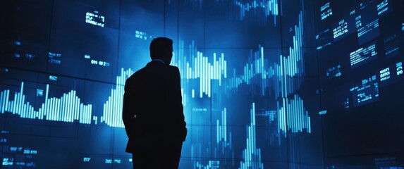 Aufkleber - Business Professional Analyzing Data Trends on Digital Display in Modern Office Environment Silhouetted Against Futuristic Graphs and Charts