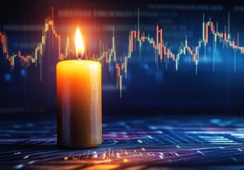 Poster - Close-Up of an Illuminated Candle with Financial Charts in the Background Representing Market Trends and Candle Stick Analysis for Investment Strategies