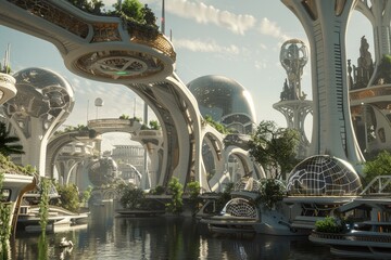 Poster - An imaginative depiction of a future city, showcasing sleek buildings, vibrant greenery, and cutting-edge technology. A futuristic city completely powered by technology.