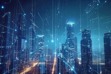 Poster - A futuristic city powered and operated through blockchain technology .A vibrant cityscape featuring futuristic buildings illuminated by colorful lights against a night sky.