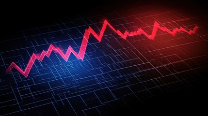 Poster - Dynamic Financial Market Trends Visualization with Red Line Graph on Digital Grid Background Representing Stock Fluctuations and Economic Analysis Concepts