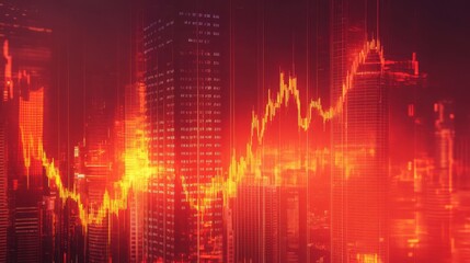 Poster - Dynamic Stock Market Graph With Red and Orange Colors Over Urban Skyline Illustrating Financial Growth, Trading, and Investment Opportunities in Modern Economy