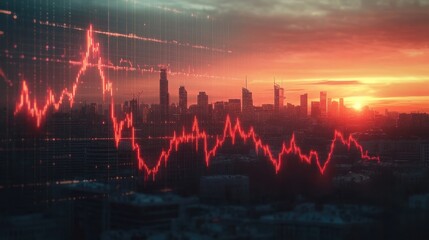 Poster - Dynamic Stock Market Graph Over Sunset Cityscape, Showing Price Fluctuations Against a Backdrop of Urban Skyline and Vibrant Skies
