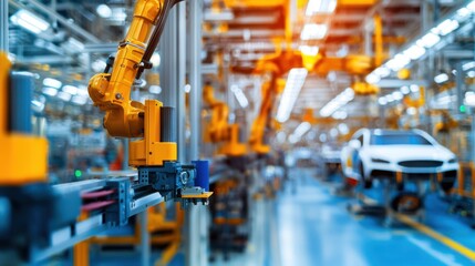 Poster - Advanced Robotic Arm in Automated Industrial Setting for Car Manufacturing Workflow with Modern Automotive Assembly Line Background