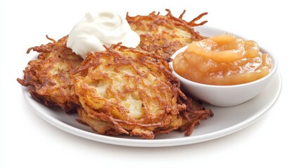 A plate of savory potato latkes served with applesauce and sour cream, Each latke golden-brown and crispy on the outside, fluffy and tender on the inside