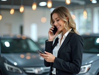 Wall Mural - Sales woman use smartphone, have business call at car showroom. Car dealership client service and parts. Business Process and Problem Solving,