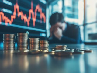 Poster - Financial Struggles in Modern Economy: A Depressed Investor Faces Decline in Market Graph Amidst Stacks of Coins and Coins on Table