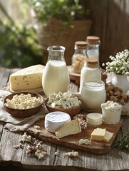 Poster - A rustic wooden table displays a selection of dairy products like milk, assorted cheeses, and butter, surrounded by fresh greenery. Generative AI