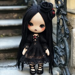 Nice halloween gothic girl witch doll crocheted made of yarn wool beautiful holiday picture handmade decor design art creative craft