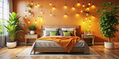 Wall Mural - Bright and Cheerful Modern Bedroom with Orange Wall, Stylish Bed, Decorative Pillows, and Indoor Plant Creating an Inviting Atmosphere for Relaxation and Comfort