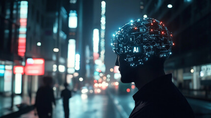 Poster - A man is standing in the middle of a city street with a glowing head on his head