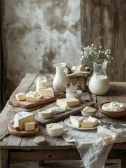 Poster - A rustic wooden table showcases an assortment of dairy delights, featuring fresh milk, creamy cheese, and rich butter, perfect for any meal. Generative AI