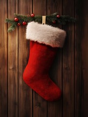 Wall Mural - Christmas stocking hanging against wooden background