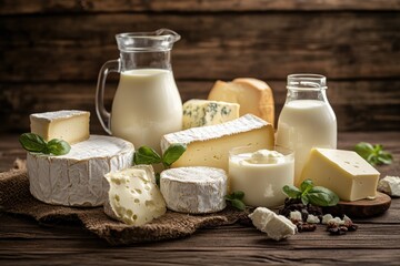 Aufkleber - A rustic wooden table features various dairy items like milk, multiple cheese types, and butter, creating a warm and inviting atmosphere. Generative AI