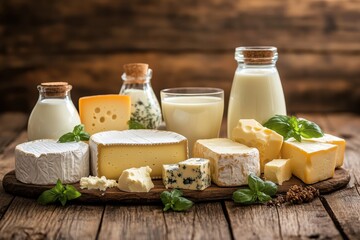 Aufkleber - A rustic wooden table is beautifully adorned with a selection of creamy dairy products, inviting all to enjoy a delicious spread. Generative AI
