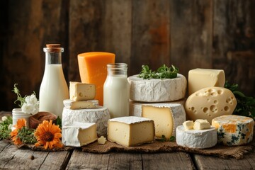 Poster - On a rustic wooden table, an array of dairy products including milk, various cheeses, and butter creates a delightful culinary display. Generative AI