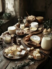 Poster - A charming rustic wooden table displays a delightful selection of dairy products such as milk, various cheeses, and butter for a cozy gathering. Generative AI