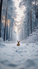 Poster - A rabbit is standing in the snow in a forest