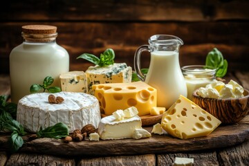 Leinwandbilder - A charming wooden table features a variety of dairy items like milk, cheese, and butter, surrounded by fresh herbs and rustic decor. Generative AI
