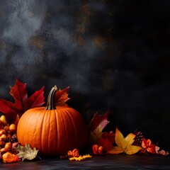 Aufkleber - Autumn leaves and a pumpkin create a Thanksgiving scene against a dark background.  Plenty of space is left for text.