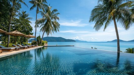 Poster - A pool with palm trees in the background and a clear blue sky